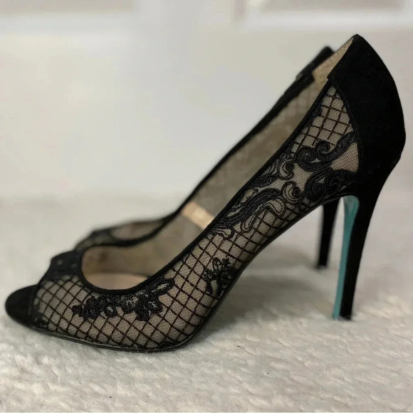 Betsey Johnson Shoes - Betsey Johnson Nila Black Lace Peep Toe Pump Suede Heels Size 9 Feminine Formal